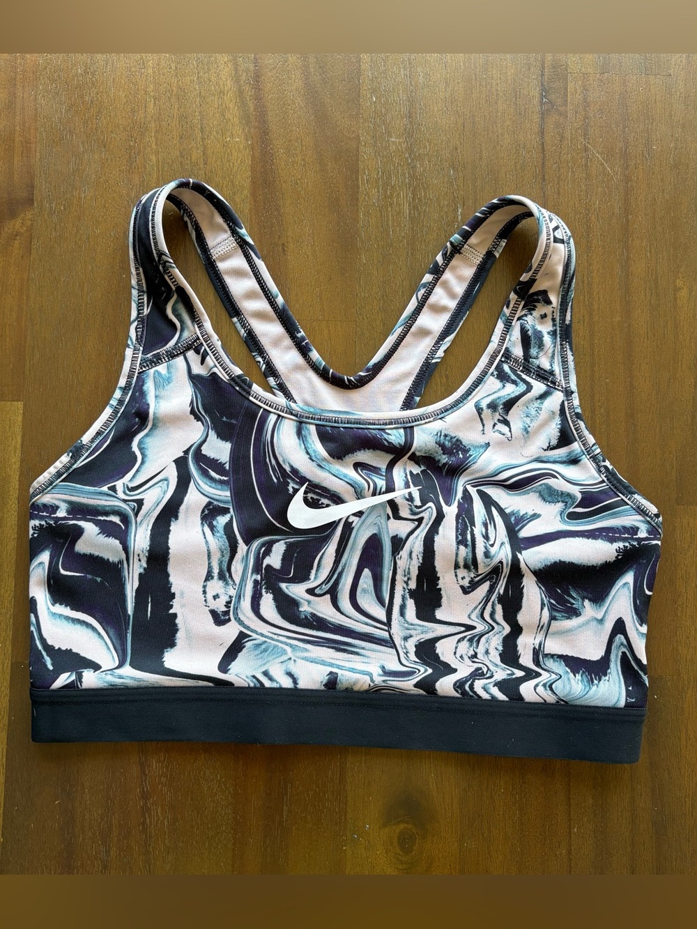 Nike Dri Fit Classic Marble-Print Pink Black Teal Racerback Sports Bra | Medium